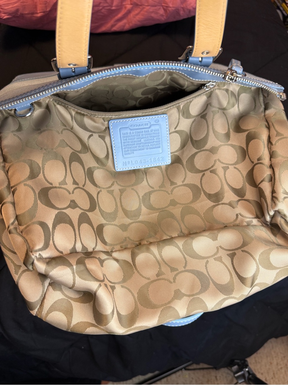 Coach Hamptons Vintage Canvas & Leather Tote Bag Y2K Baby Blue Zip Top #1842 - Picture 5 of 16
